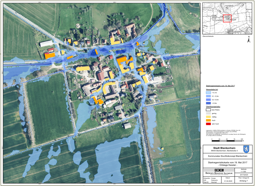 Starkregenrisikokarte der Ortslage Kesslar - visualisiert die Höhe des Wasserstandes und den Grad des Gefährdungsrisikos im Überflutungsmodellfall 