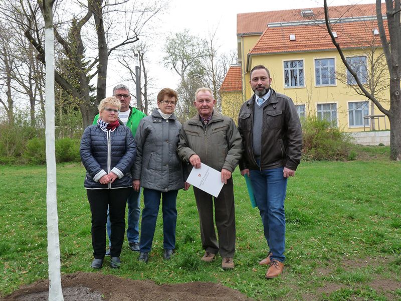 Abb. 4: Baumpflanzung einer Säulen-Hainbuche in der Parkanlage Jahnstraße am 9. April 2019 anlässlich des 80. Geburtstags von Herrn Günther Augener